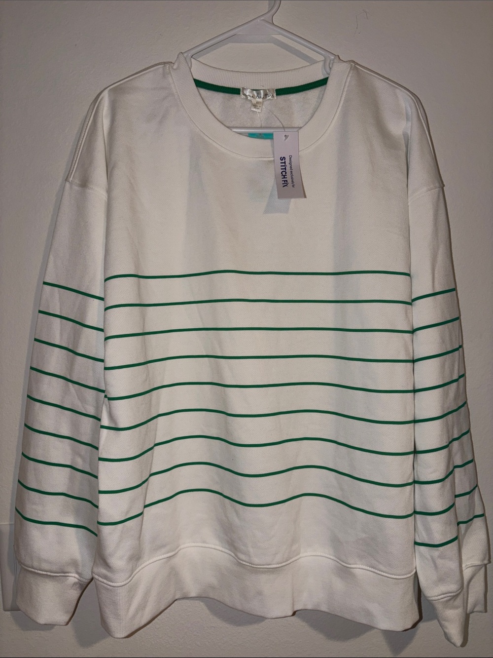 Stitch Fix Men’s White Crewneck Sweater with Green Stripes